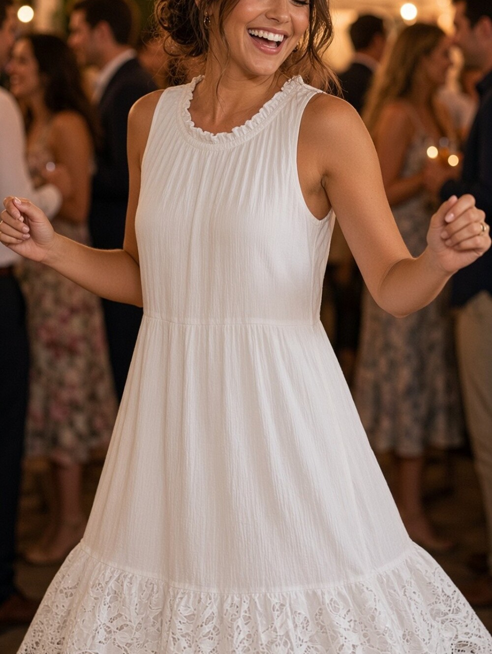 Signature White Sleeveless Ruffled Neck Lace-Hem Dress